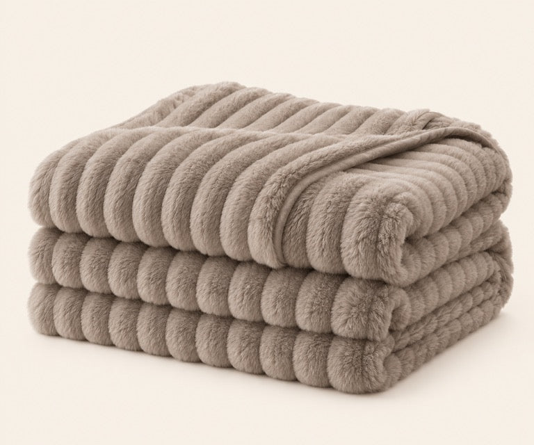 Cocoon heated throw, folded, ribbed greige faux fur