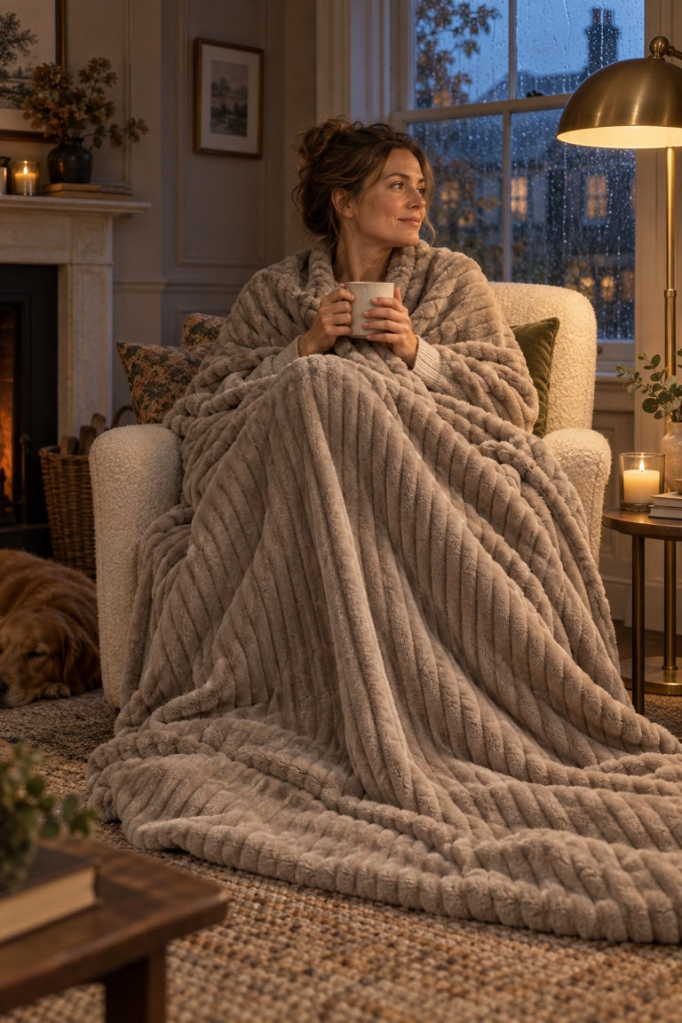 A woman wrapped in Cocoon in an armchair by the fire