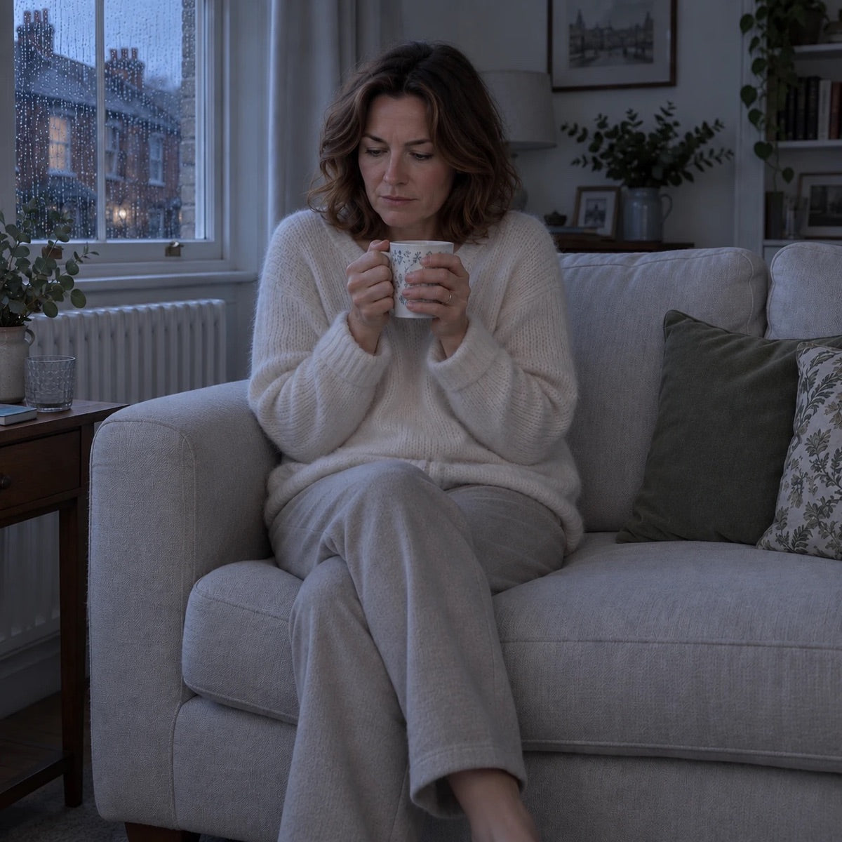 The same living room on a rainy evening with the heating on: she is hunched over her mug, no throw