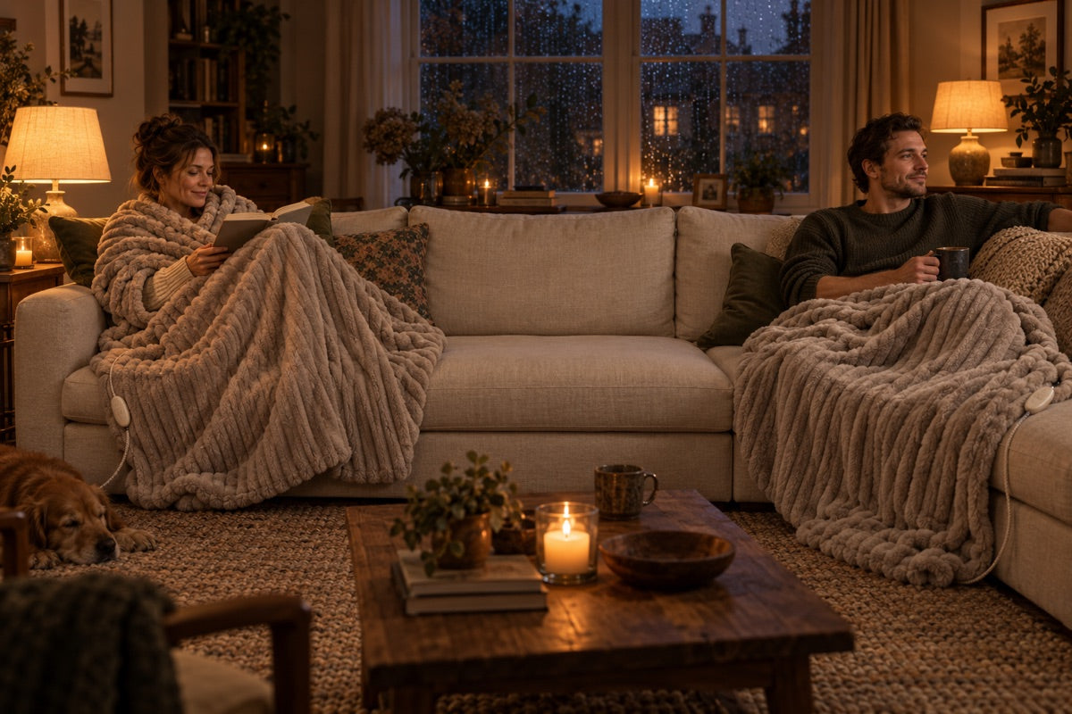 A couple on the sofa, each under their own Cocoon