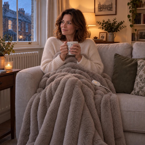 A living room corner under the Cocoon throw, lamp and candle lit